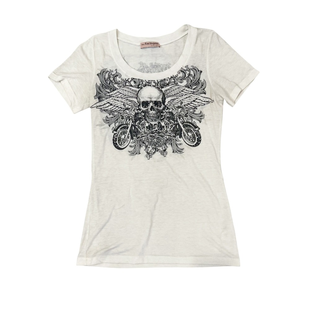 Los Angeles Bus Stop Skull Motorcycle Rhinestone Y2K McBling Tee Size Medium